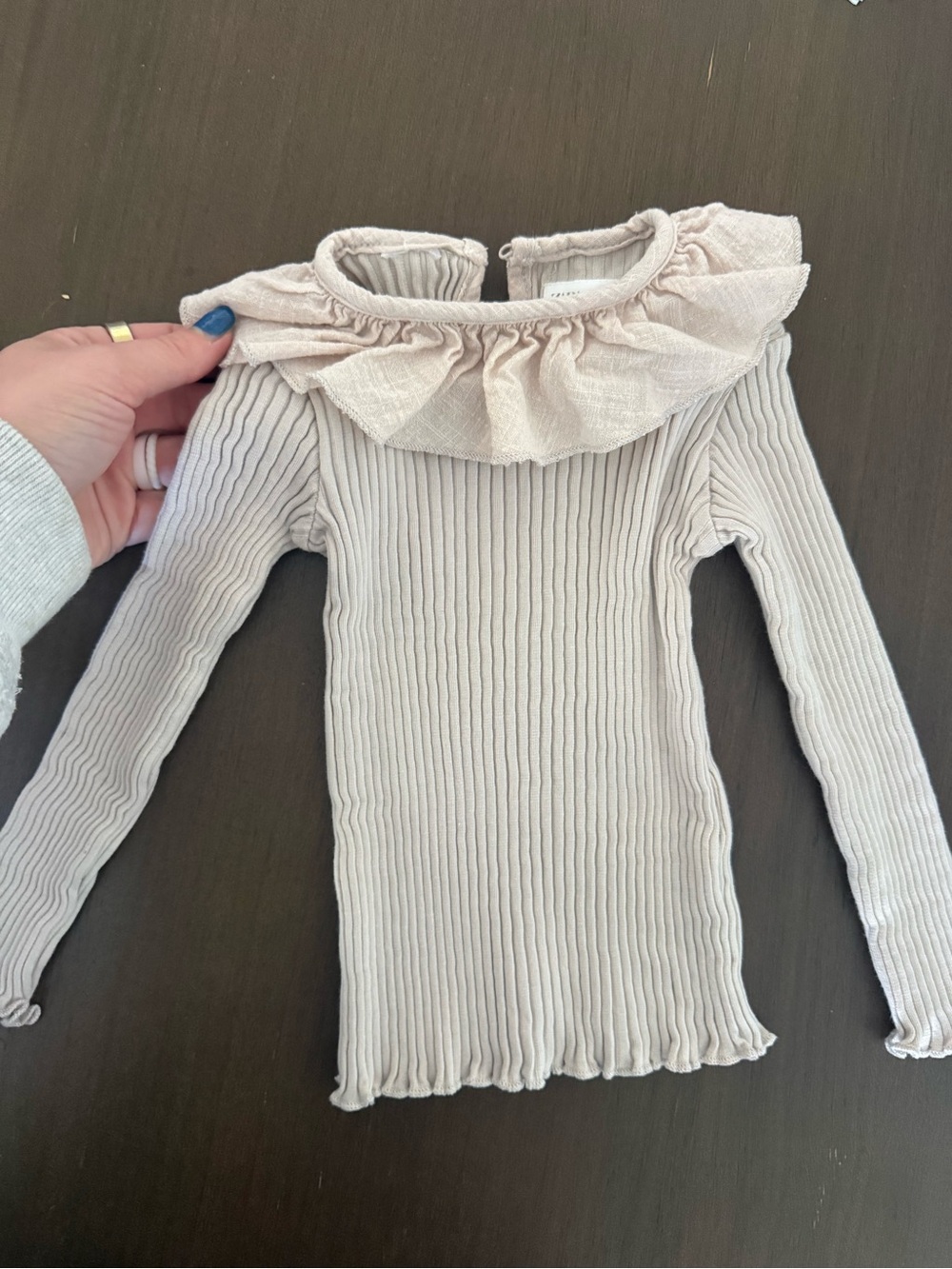 Zara Cream Ribbed Long-Sleeve Top with Ruffle Neck - Picture 3 of 3